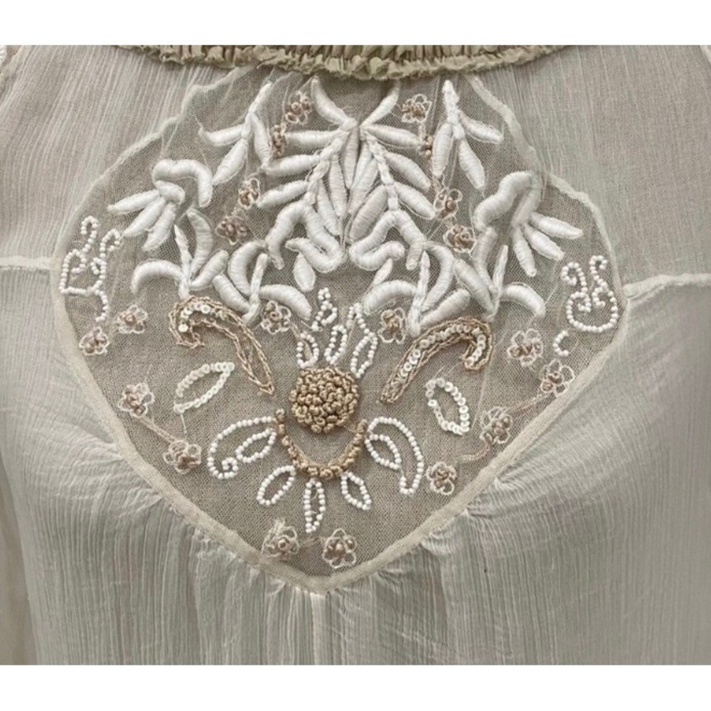 Free People Ivory Shift Tunic Top Beaded Mesh Boho Fairy Whimsy Regency Princess - Picture 3 of 8